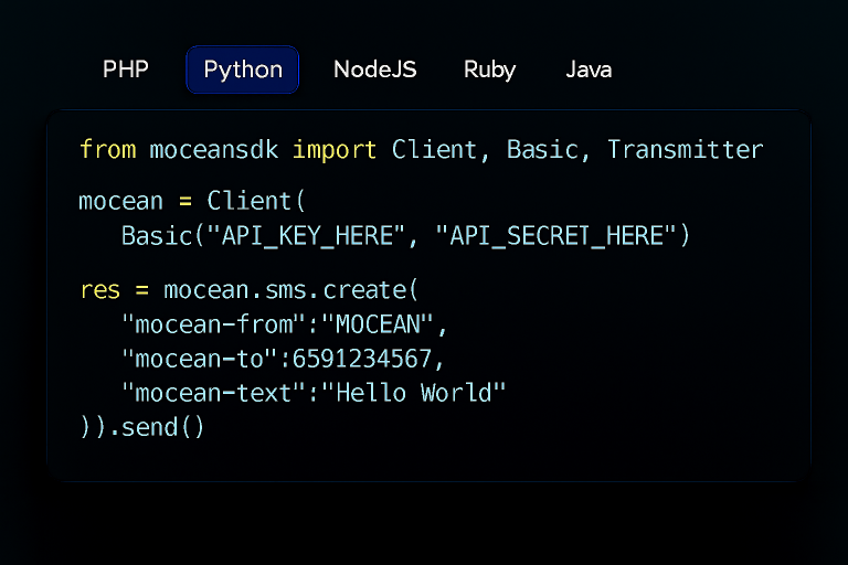 Python code example using Mocean’s SMS API to send instant messages