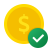 Gold coin with check mark symbolizing Mocean SMS messaging campaign and WhatsApp solutions offering cost-effective business communications.