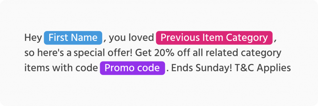 Example of personalized SMS messaging campaign from Mocean dashboard using customer name, purchase history, and promo codes.