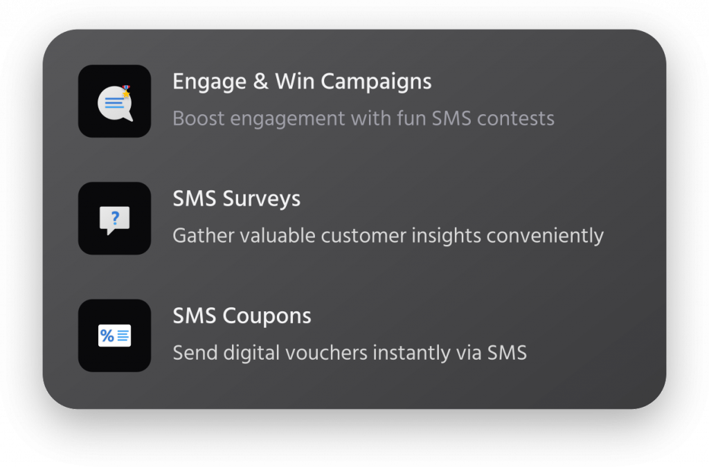 Mocean SMS messaging campaign dashboard features: run SMS contests, gather customer insights with surveys, and send digital vouchers via SMS coupons.