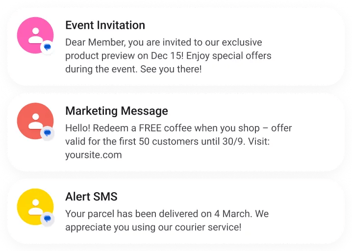 Examples of Mocean SMS messaging campaigns in Singapore, including event invitations, marketing promotions, and delivery alerts.